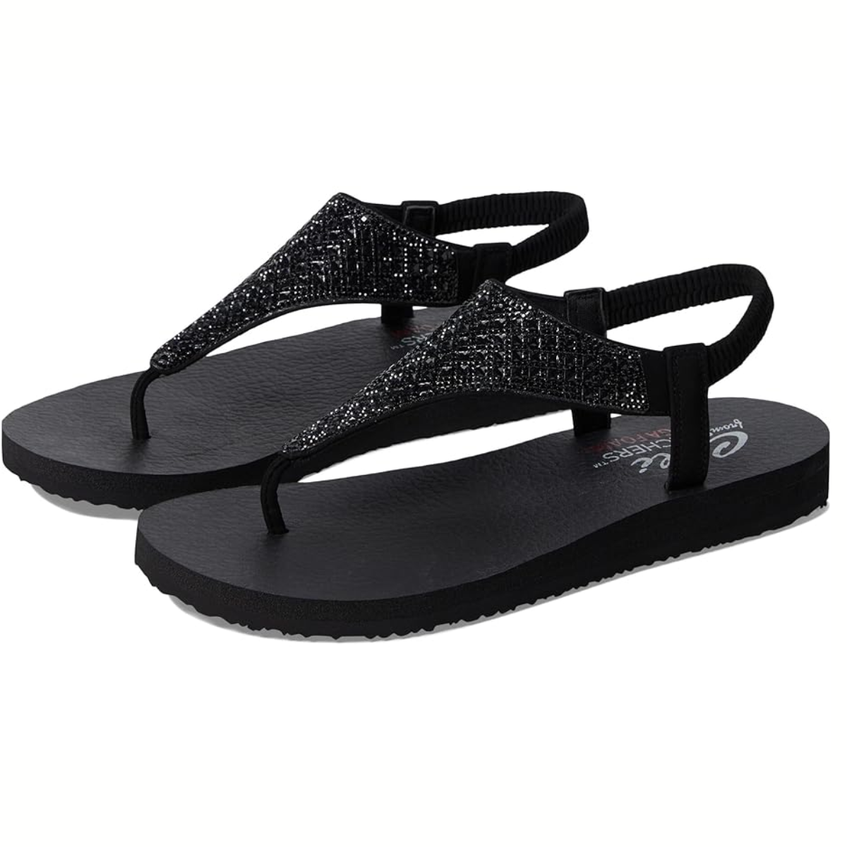 A pair of SKECHERS USA INC Rockstar in Black Sandals with glittery straps.