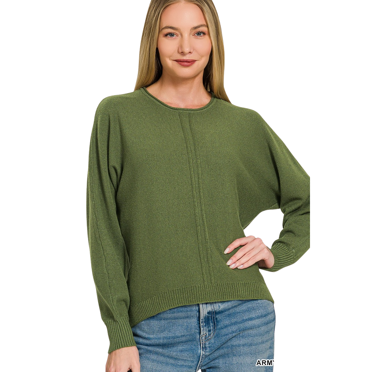 Women's round-neck knit sweater with front seam detail