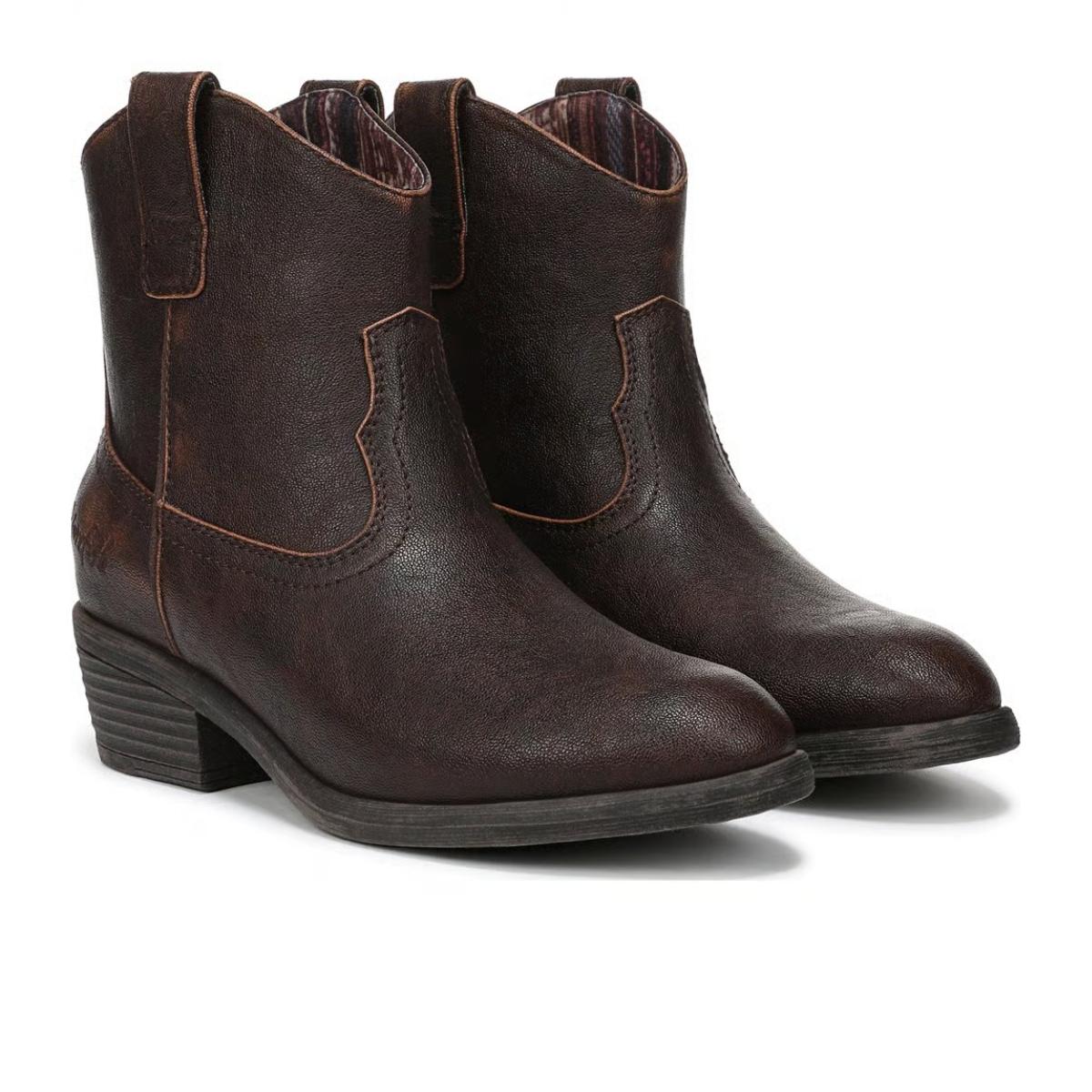 Women's brown smooth Western ankle bootie with cowboy stitching, almond toe and low block heel Main image