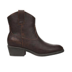 The Southwest Ankle Boot by CALERES INC is a dark brown leather Western-inspired ankle boot featuring a low block heel, side stitching detail, and a pull tab on top. The cowgirl bootie is displayed in a left side profile against a white background.