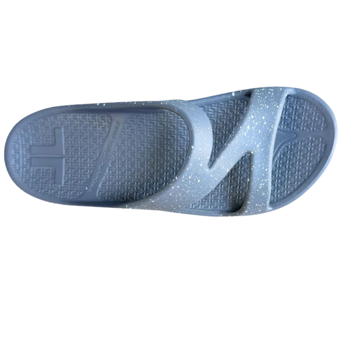 A single Z-Strap Gray/White Recovery Sandal by Telic with speckled white dots and a cross-strap design, viewed from above on a white background. The sandal features excellent arch support and cushioning for added comfort. Main image
