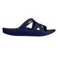 A black, open-toe, slide sandal with crisscross straps and a slightly raised heel, these lightweight Mallory in Deep Ocean by Telic sandals by TELIC are displayed against a white background.