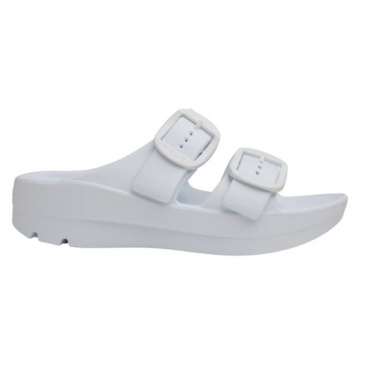 A Boise Bliss Sandal in Snow White by TELIC with a contoured footbed, arch support, and two adjustable buckled straps.