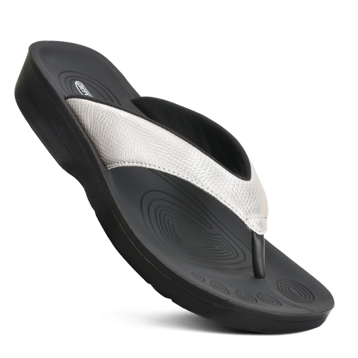 A single Meira In Silver by Aerothotic flip-flop with a white strap on a white background. Main image