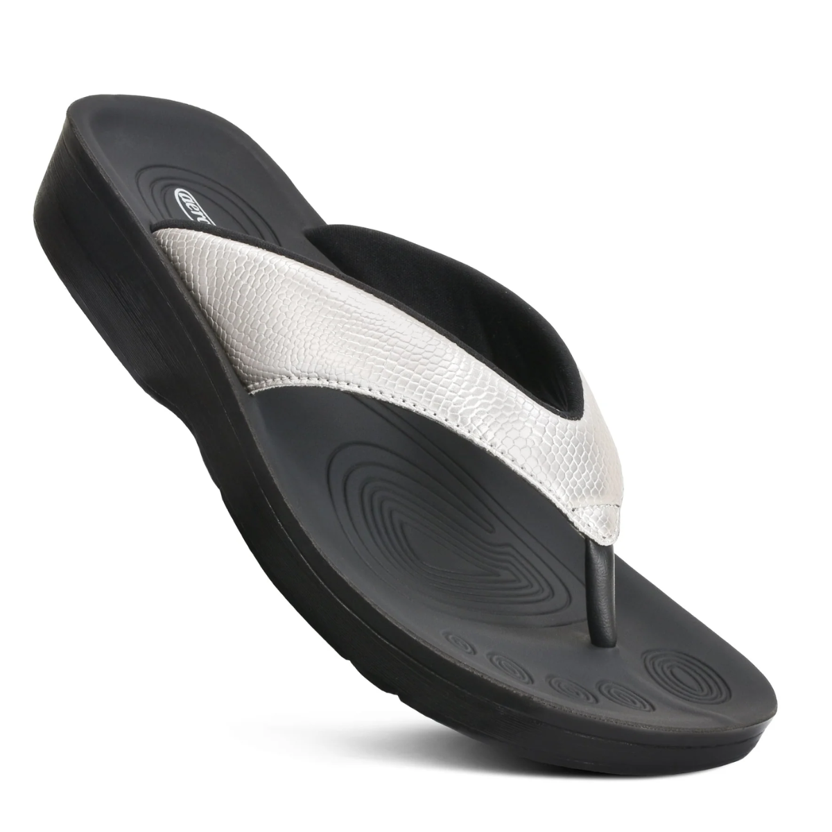 A single Meira In Silver by Aerothotic flip-flop with a white strap on a white background.