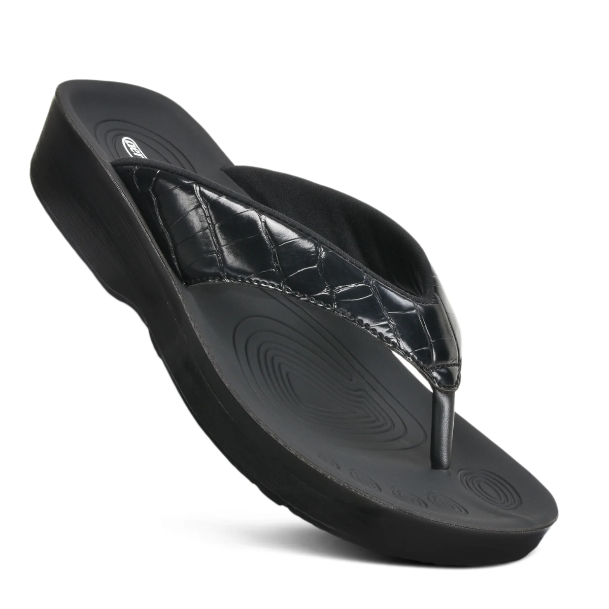 Felice Black Croco Pattern Flip Flops by Aerothotic with quilted strap on a white background. Main image