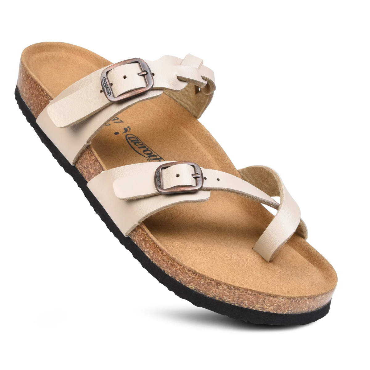 A single white strappy Irenic in Cream sandal by Aerothotic with buckle closures, arch support, and a cork footbed. Main image