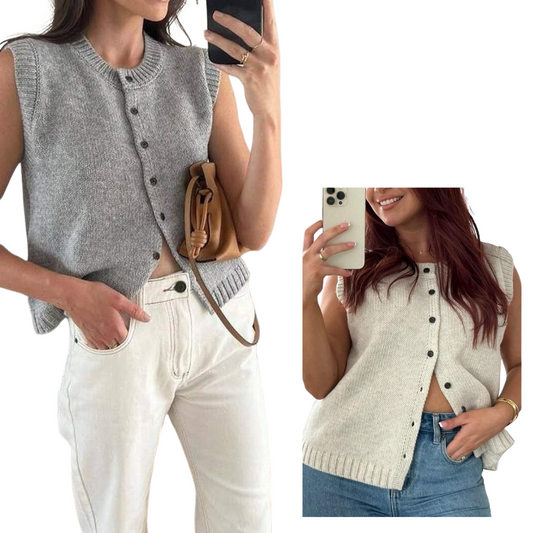 Two people are shown wearing the FASHION GO Knit Sweater Vest, one in grey and one in beige. Both are taking mirror selfies, showcasing their outfits along with their light-colored jeans. The stylish ensemble features sleeveless button-up knit tops with classic knit-crochet patterns, perfect for any casual outing.