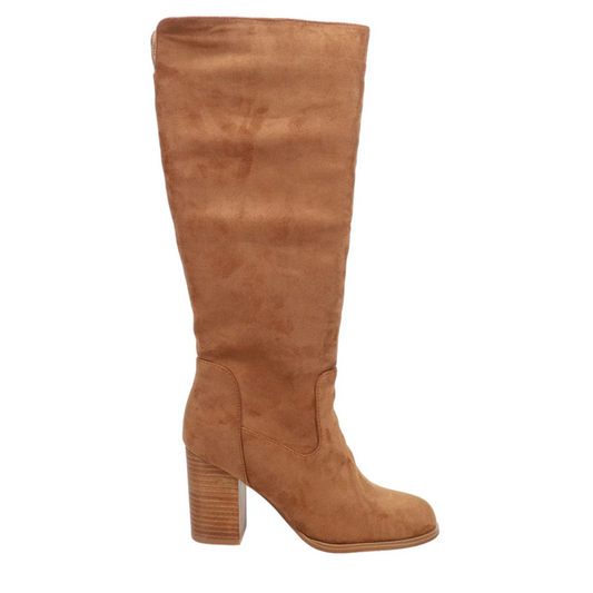 A single Hot Date Tall Boot in Tobacco Brown by Corky's Footwear Inc, showcasing a knee-high design with a block heel and a rounded toe, viewed from the side.