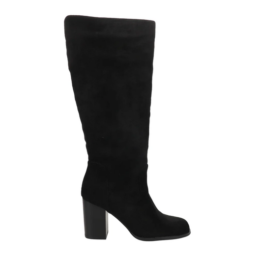 The Hot Date Tall Boot in Black by Corky's, crafted from luxurious faux suede and featuring a stylish block heel, is viewed from the side.