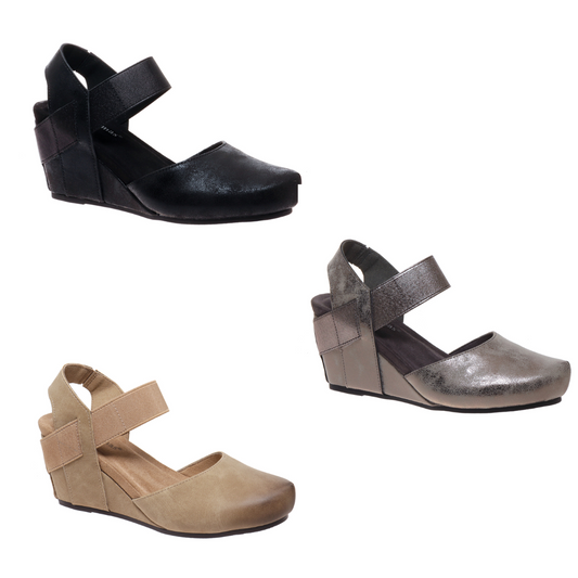 Three pairs of the Dash 1 Wedge by Pierre Dumas from OLEM SHOE CORP, available in black, metallic, and beige, each featuring a stylish closed-toe design and a single strap over the instep.