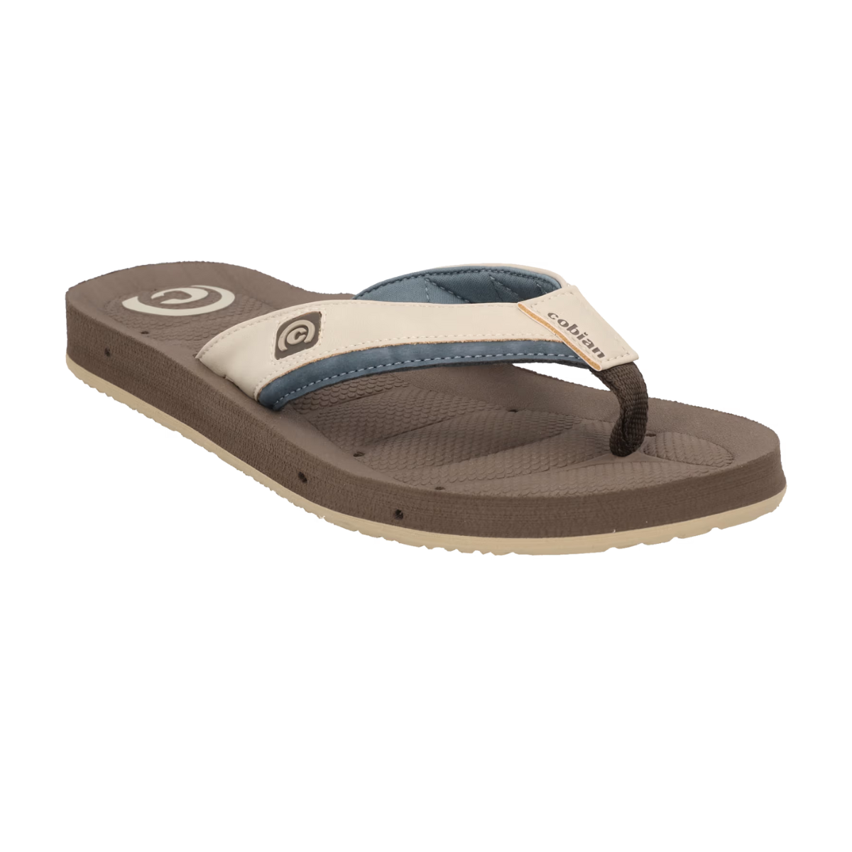 Sure, here's the revised sentence:

A Draino Men's flip-flop in Cream by Cobian with blue, white, and brown straps, featuring a textured footbed and COBIAN logo branding. This water-friendly design includes anatomical footbeds for enhanced comfort.