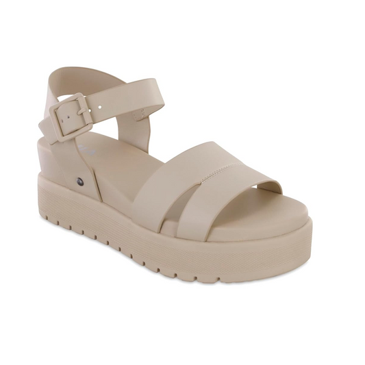 A Maya Platform Wedge in Linen with an adjustable ankle strap buckled closure and two wide bands over the upper foot. The sole is ridged for grip, and the open round toe design adds a touch of elegance. Part of the MIA footwear collection.