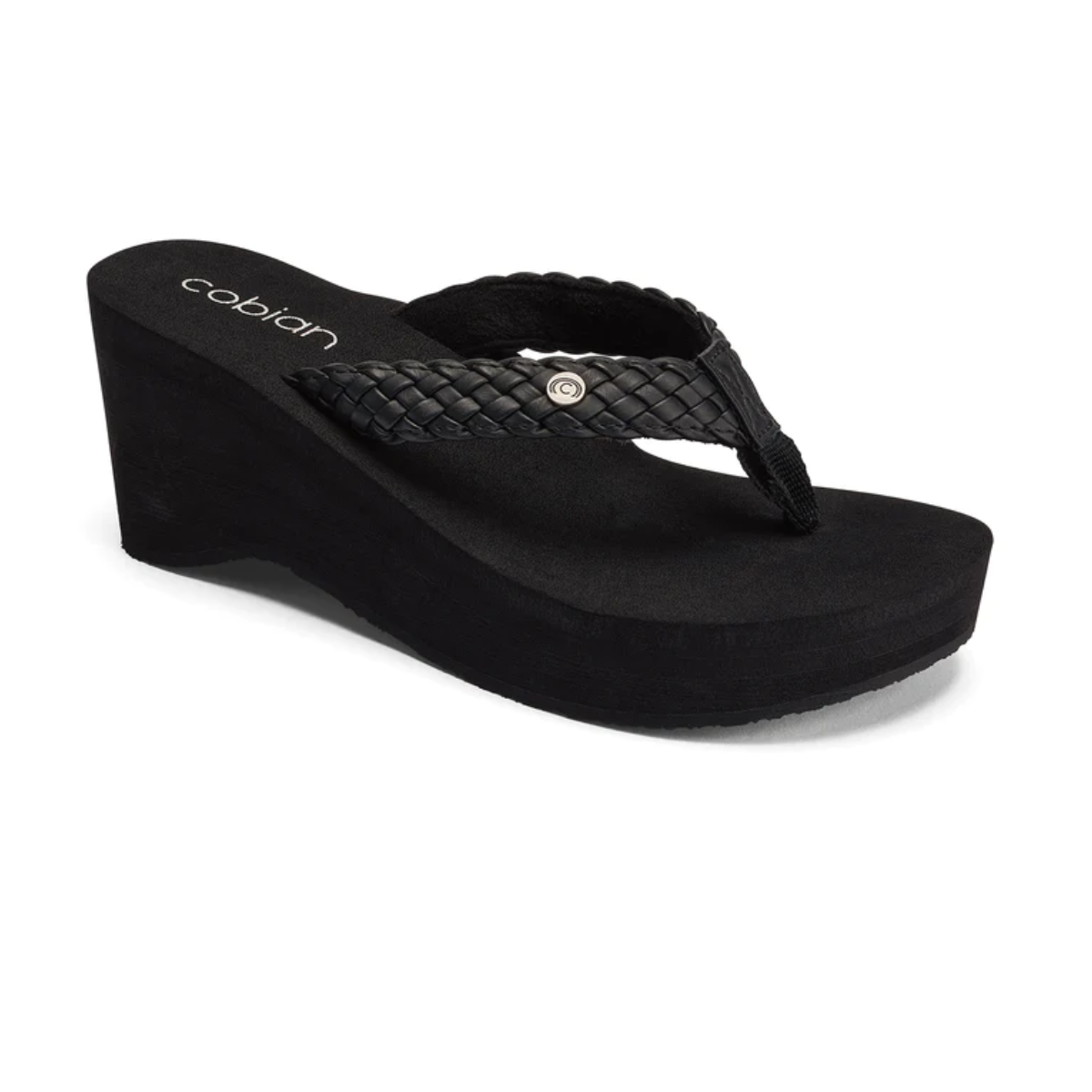 A women's ZOE By Cobian black wedge flip flop with braided straps, designed to provide arch support and featuring an EVA wedge.