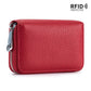 The ACCITY CARD WALLET Anti-Theft Wallet is a red, textured leather card wallet with a zipper closure and RFID protection label in the top right corner, combining stylish design with anti-theft security.