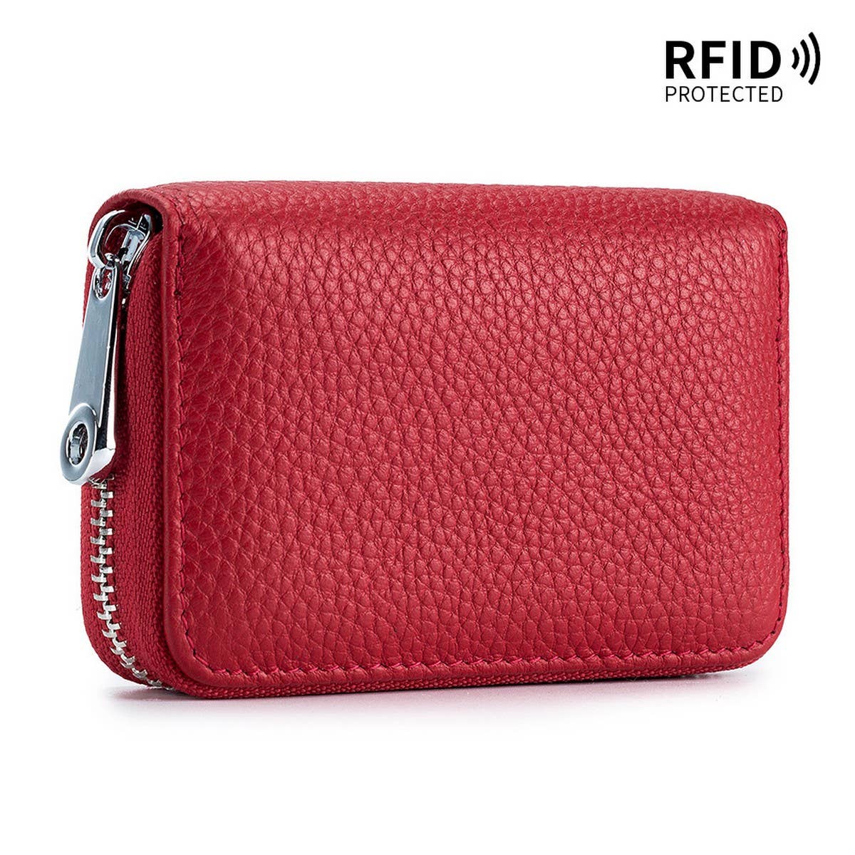 The ACCITY CARD WALLET Anti-Theft Wallet is a red, textured leather card wallet with a zipper closure and RFID protection label in the top right corner, combining stylish design with anti-theft security.