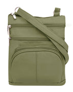 The Roma Leathers, Inc. Cowhide Leather Crossbody with phone pocket back side is a small olive green bag featuring premium cowhide leather, multiple zippered compartments, and an adjustable strap, shown against a white background.