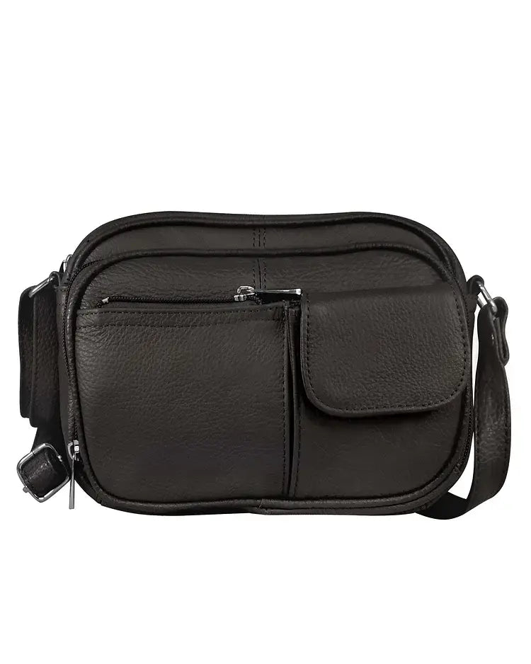 Faire 3013 Crossbody Bag with front organizer in dark brown cowhide leather, featuring a spacious main compartment, a front zippered pocket, and a small flap pocket.