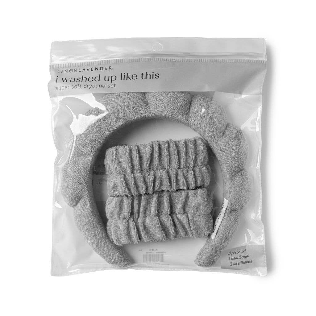 I Washed Up Like This Super Soft Dryband Set featuring a grey skincare headband and two matching absorbent terrycloth wristbands in a clear plastic package.