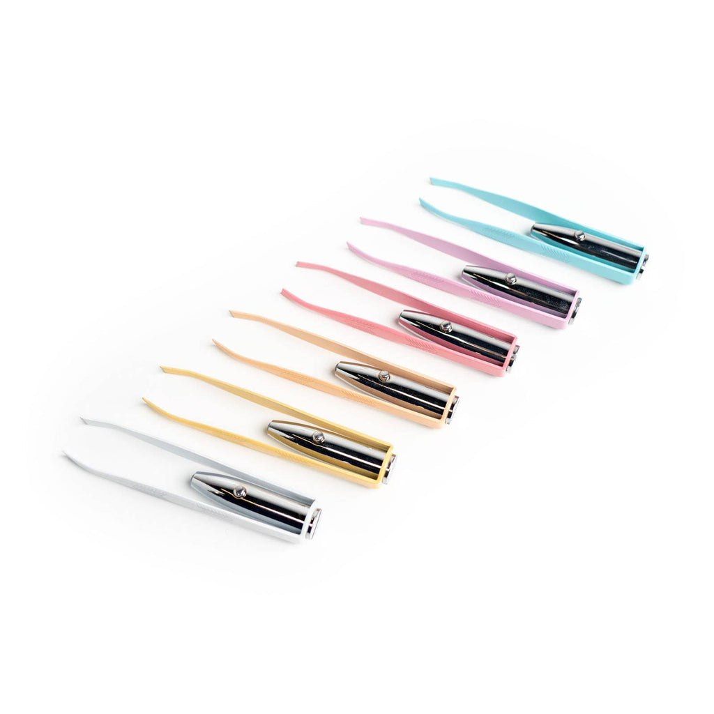 Six Lemon Lavender Light Up Tweezer precision grip tweezers with metal tips and integrated LED spotlights, arranged in a row in white, yellow, peach, pink, lavender, and blue.