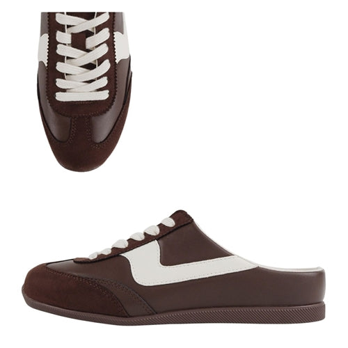 The Mackay Backless Sneaker by Fortune Dynamic is a chocolate brown and white slip-on mule sneaker featuring white laces, shown from the top and side views against a plain white background. This stylish mule blends retro sneaker aesthetics with modern comfort. Main image