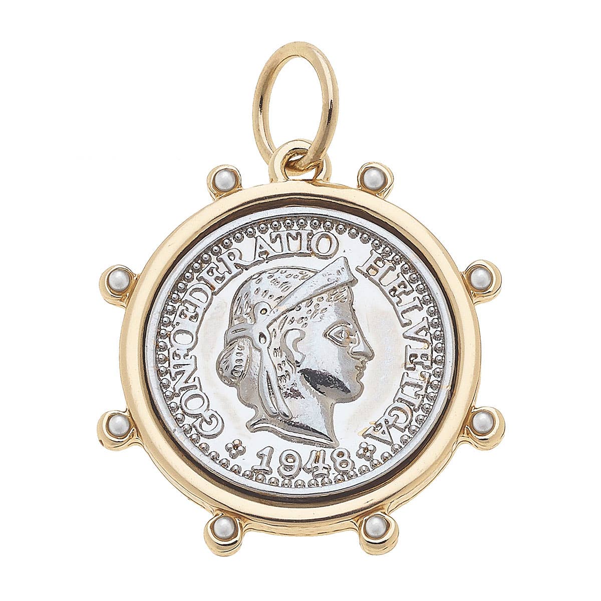 The Studded Coin Charm in Shiny Two Tone by Canvas Style features a gold-framed 1948 coin with a profile of a helmeted figure and Latin inscription, accented by decorative gold studs—an eye-catching vintage-inspired charm that brings timeless allure to any charm necklace.