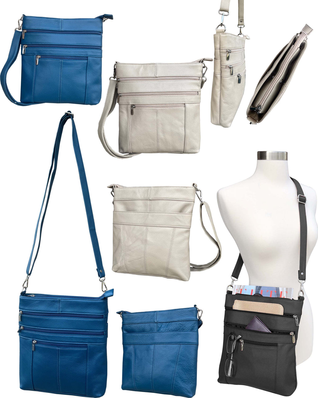 Collage of Roma Leathers, Inc. cowhide leather crossbody bags in blue, gray, and black—shown from different angles and on a mannequin—features zippered pockets, an adjustable strap, and an open pocket displaying contents.