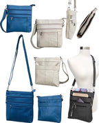 Collage of Roma Leathers, Inc. cowhide leather crossbody bags in blue, gray, and black—shown from different angles and on a mannequin—features zippered pockets, an adjustable strap, and an open pocket displaying contents.