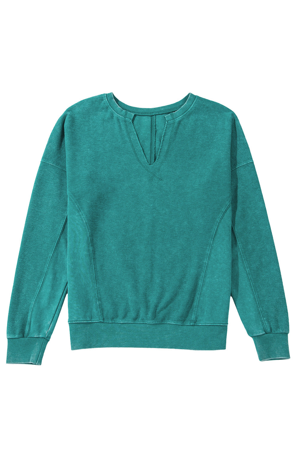 Shewin's Notched Neck Exposed Seam Drop Shoulder Sweatshirt features a teal design with ribbed cuffs and a V-neck cutout, ensuring exceptional comfort.