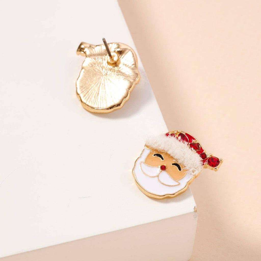 Add festive charm to your look with the Santa Claus Stud Earrings | Red Rhinestone Christmas Earrings from Lilla Haven—one earring features a smiling Santa Claus face with a red hat and white beard, while the other displays the gold backing, making these the perfect holiday jewelry accessory.