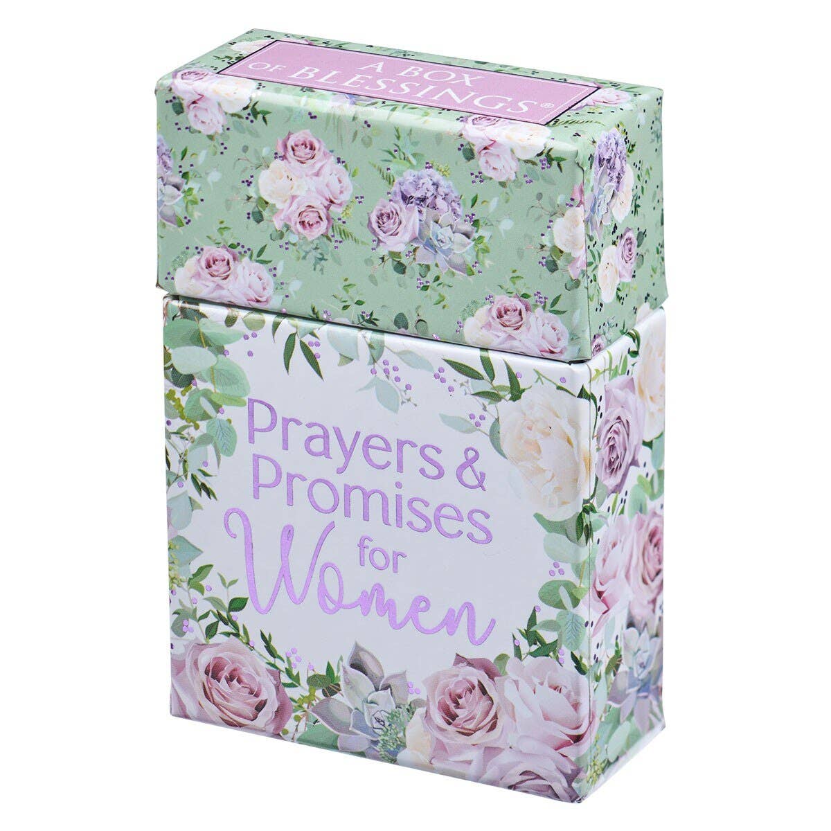 The Christian Art Gifts Box of Blessings Prayers and Promises for Women features a beautifully designed white and green box adorned with pastel flowers and greenery, filled with uplifting Scripture promises to inspire women every day.