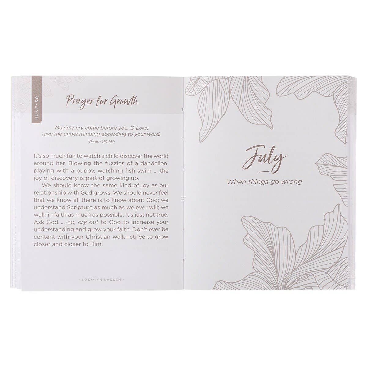 The One-Minute Devotions for Women Softcover by Christian Art Gifts is open to a page titled “July: When things go wrong,” featuring a prayer for growth, reflections on learning from children, and elegant flower line art. The pages provide uplifting one-minute devotionals designed especially for women.