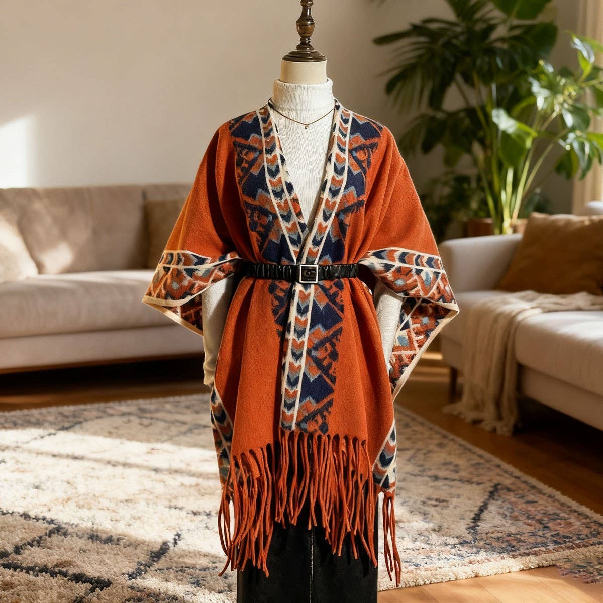 A mannequin showcases the ACCITY Vintage Plaid Tassel Shawl Women Winter Cape, belted and fringed, in a sunlit living room with a sofa, rug, and houseplants—an inviting cozy winter essential.