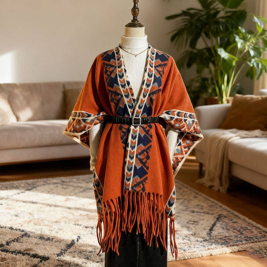 A mannequin showcases the ACCITY Vintage Plaid Tassel Shawl Women Winter Cape, belted and fringed, in a sunlit living room with a sofa, rug, and houseplants—an inviting cozy winter essential.