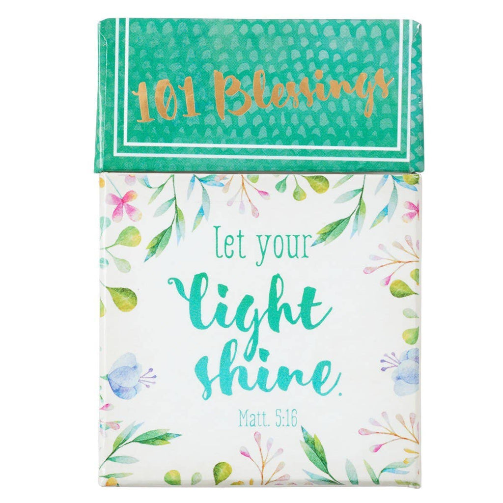 The Box of Blessings Let Your Light Shine by Christian Art Gifts is a decorative floral box that features “101 Blessings” on the top and “Let your light shine. Matt. 5:16” on the front. Inside, you'll discover inspirational cards filled with encouraging Bible messages designed to uplift your spirit every day.