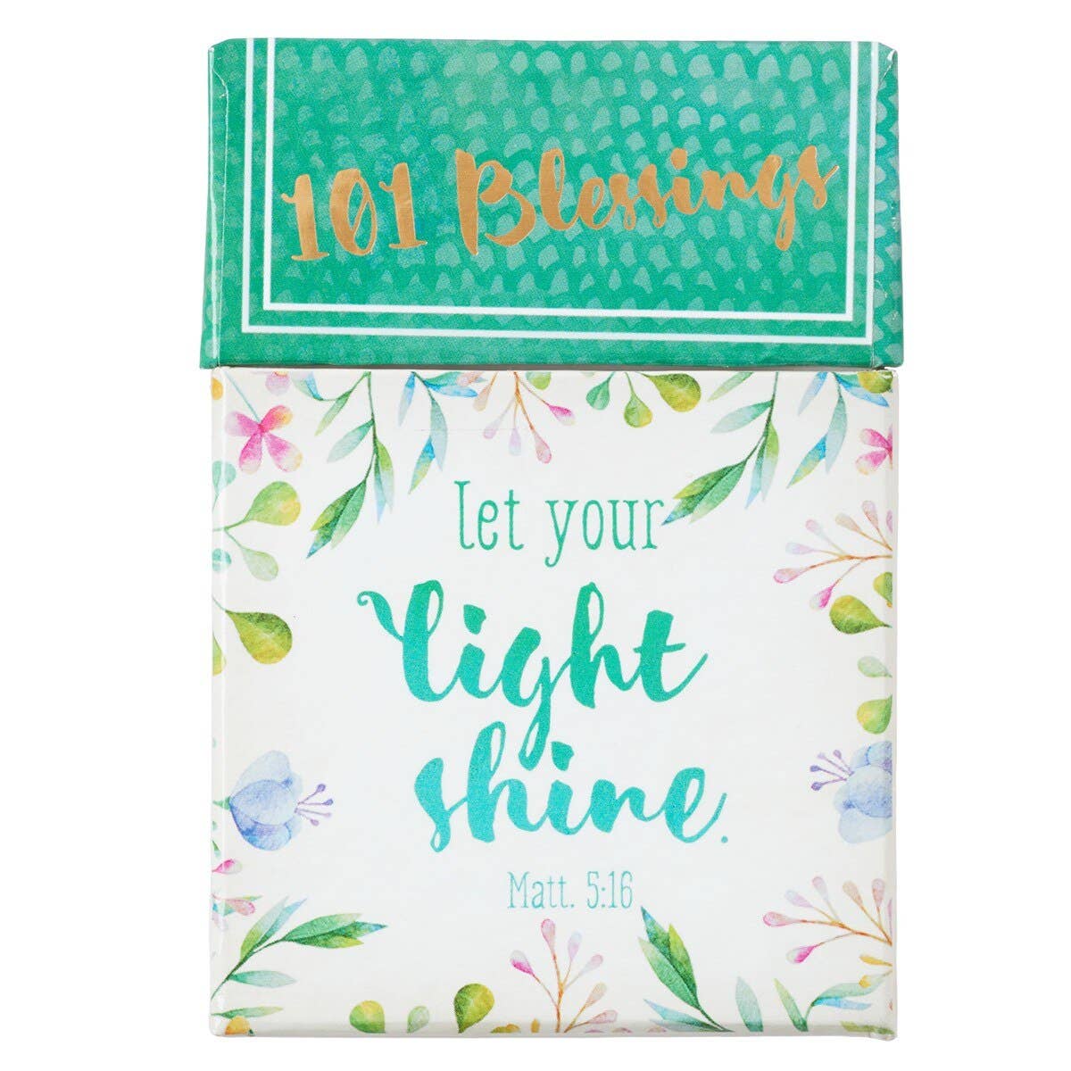 The Box of Blessings Let Your Light Shine by Christian Art Gifts is a decorative floral box that features “101 Blessings” on the top and “Let your light shine. Matt. 5:16” on the front. Inside, you'll discover inspirational cards filled with encouraging Bible messages designed to uplift your spirit every day.