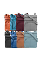 Eight Roma Leathers, Inc. cowhide leather crossbody bags with phone pockets and adjustable straps, shown in orange, teal, burgundy, gray, black, blue, brown, and light blue, are arranged in two rows against a white background.