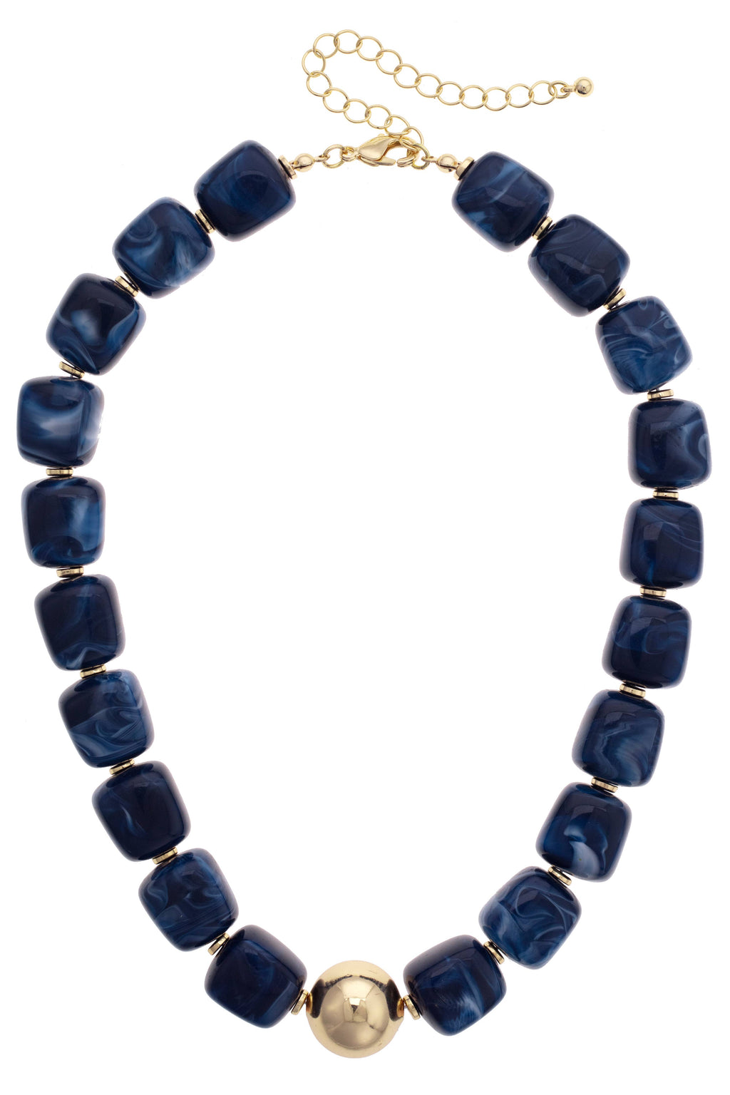 Palermo Resin Beaded Necklace in blue marbled resin with gold-toned spacers, a central gold sphere, and a lobster claw clasp.