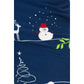 Leggings Depot’s Buttery Soft Print Pajama Pants feature a wintery print with a white snowman in a red hat, abstract trees, and green leaves on dark blue—perfect for cozy comfort.