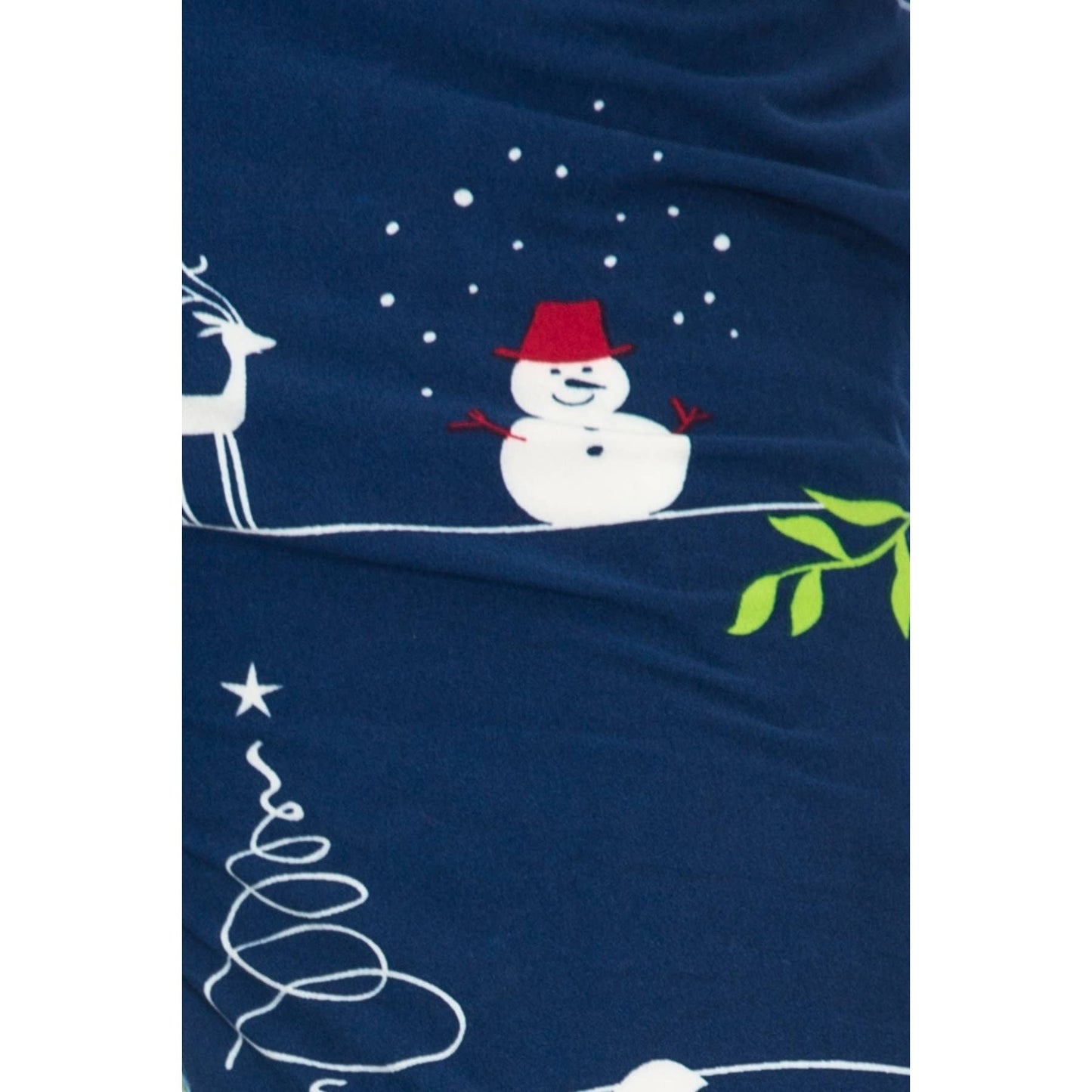 Leggings Depot’s Buttery Soft Print Pajama Pants feature a wintery print with a white snowman in a red hat, abstract trees, and green leaves on dark blue—perfect for cozy comfort.