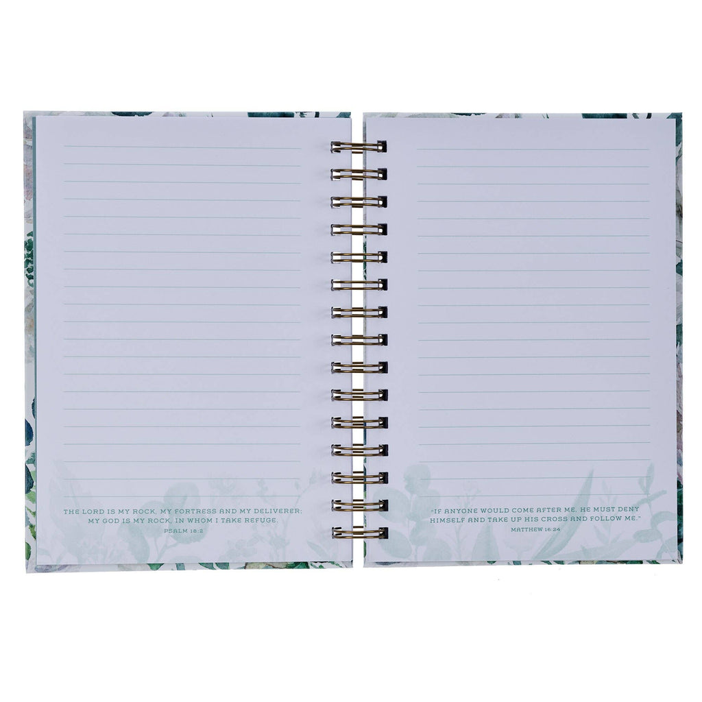 Introducing the Journal Wirebound White/Teal Floral Be Still Ps. 46:10 by Christian Art Gifts—an open spiral notebook with lined pages, ideal for use as a Christian Scripture journal. Each page features an inspiring Bible verse printed at the bottom, while the background displays elegant white and teal floral patterns for a peaceful and uplifting touch.