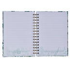 Introducing the Journal Wirebound White/Teal Floral Be Still Ps. 46:10 by Christian Art Gifts—an open spiral notebook with lined pages, ideal for use as a Christian Scripture journal. Each page features an inspiring Bible verse printed at the bottom, while the background displays elegant white and teal floral patterns for a peaceful and uplifting touch.