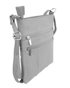 The RM011 cowhide leather crossbody shoulder bag by Roma Leathers, Inc. features an adjustable strap, two front zippered pockets, and a minimalist rectangular design in gray.