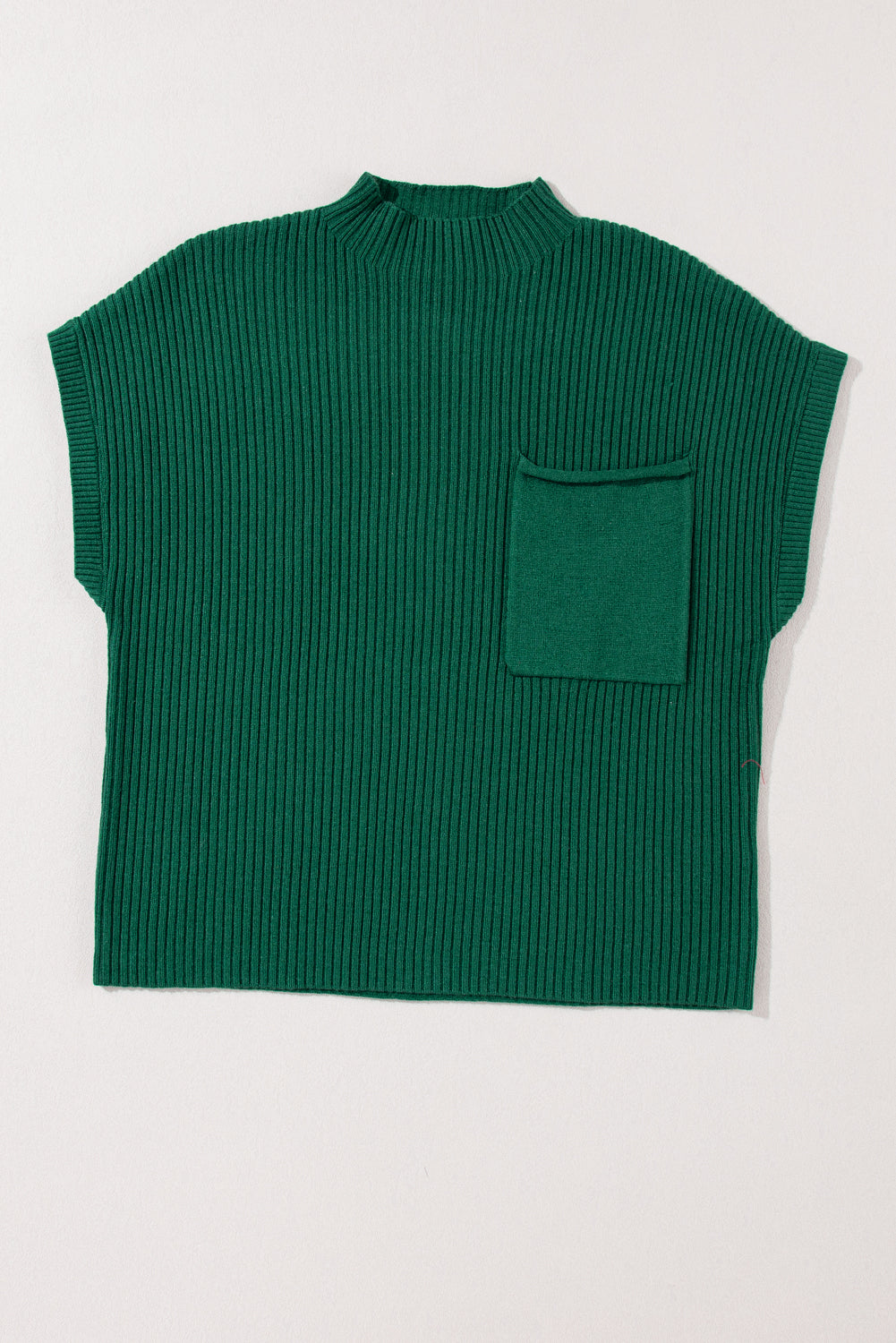 The Shewin Patch Pocket Ribbed Knit Short Sleeve Sweater, crafted from green knit fabric, features a small front pocket and short sleeves, perfect for transitional weather.