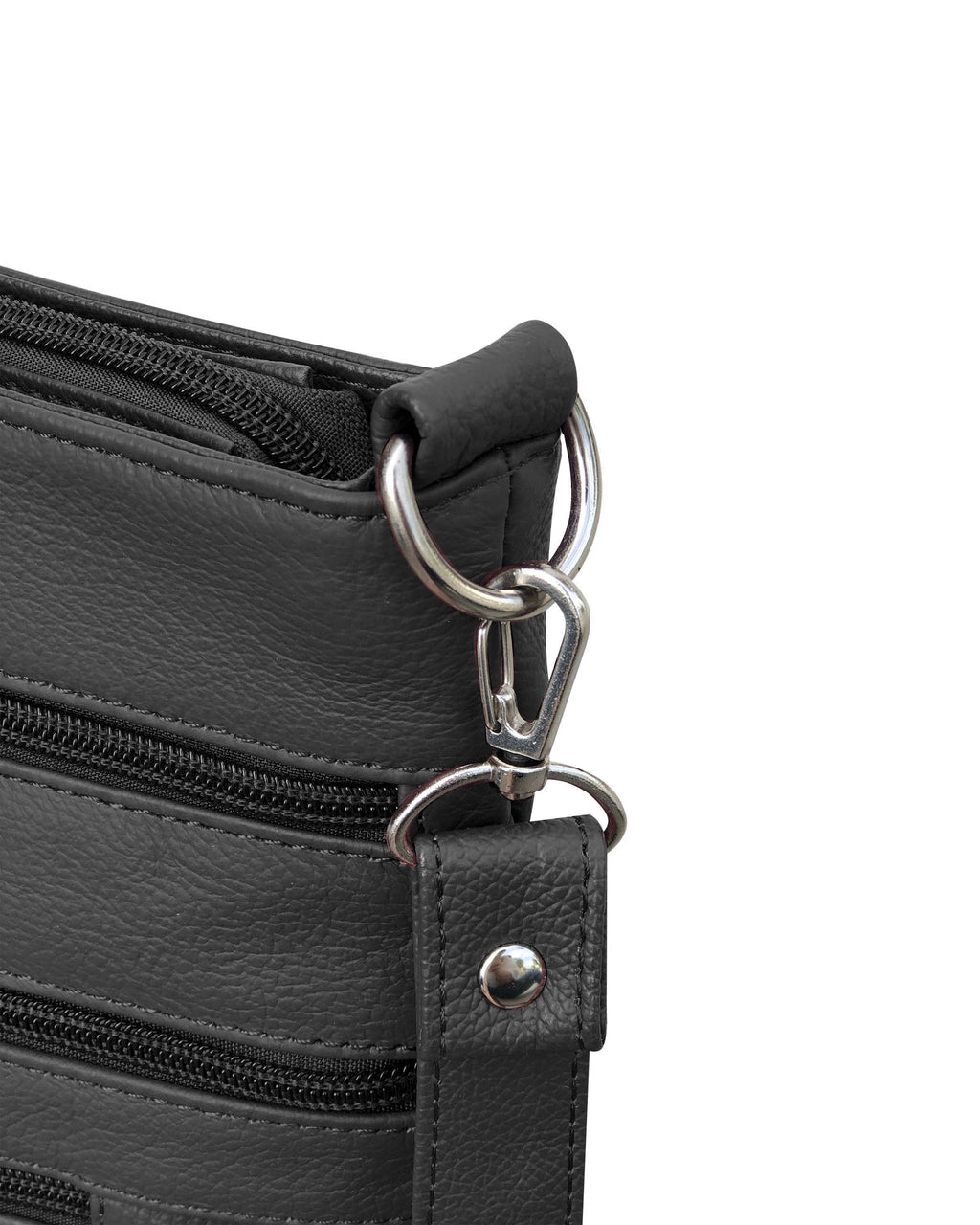 Close-up of the Roma Leathers, Inc. Cowhide leather crossbody, featuring black cowhide leather, a metal zipper, strap with metal snap, zippered pockets, and a silver swivel clasp on a metal ring.