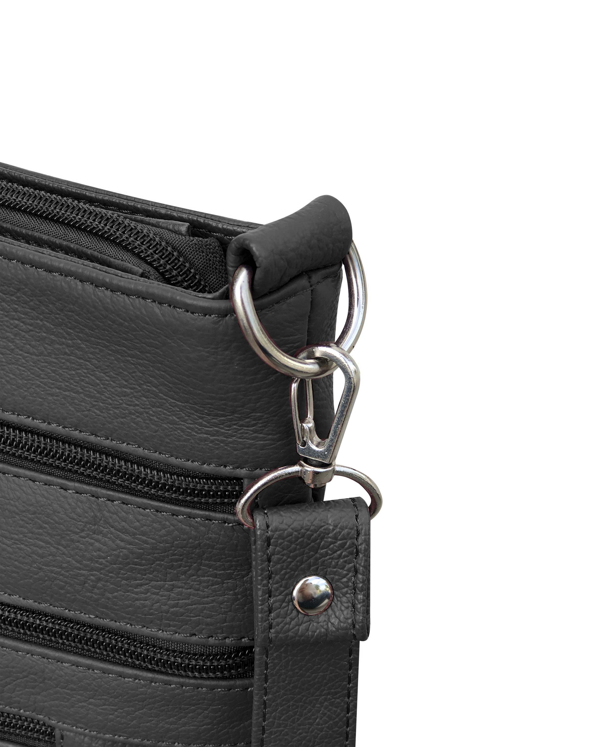 Close-up of the Roma Leathers, Inc. Cowhide leather crossbody, featuring black cowhide leather, a metal zipper, strap with metal snap, zippered pockets, and a silver swivel clasp on a metal ring.