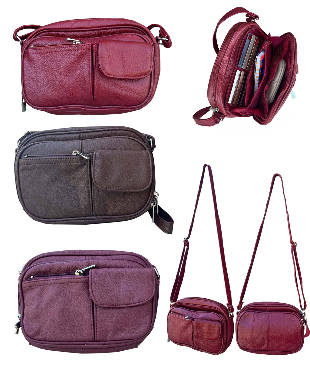 A collage of 3013 Crossbody Bag with front organizer bags in red, brown, and dark purple, showing front pockets, spacious main compartments, and adjustable shoulder straps.