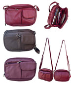 A collage of 3013 Crossbody Bag with front organizer bags in red, brown, and dark purple, showing front pockets, spacious main compartments, and adjustable shoulder straps.