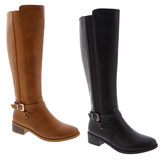 Two knee-high boots are shown: black with a silver buckle, and Top Guy’s Alana Tall Riding Boot in brown with a gold buckle. Both pairs feature low heels and are displayed on a white background.