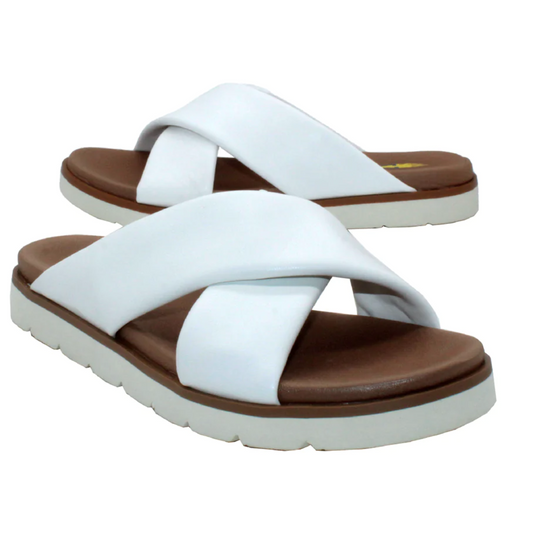 A pair of comfortable Aushan Leather Criss Cross Sandals, perfect for your summer wardrobe, by Volatile - Rosenthal & Rosenthal.